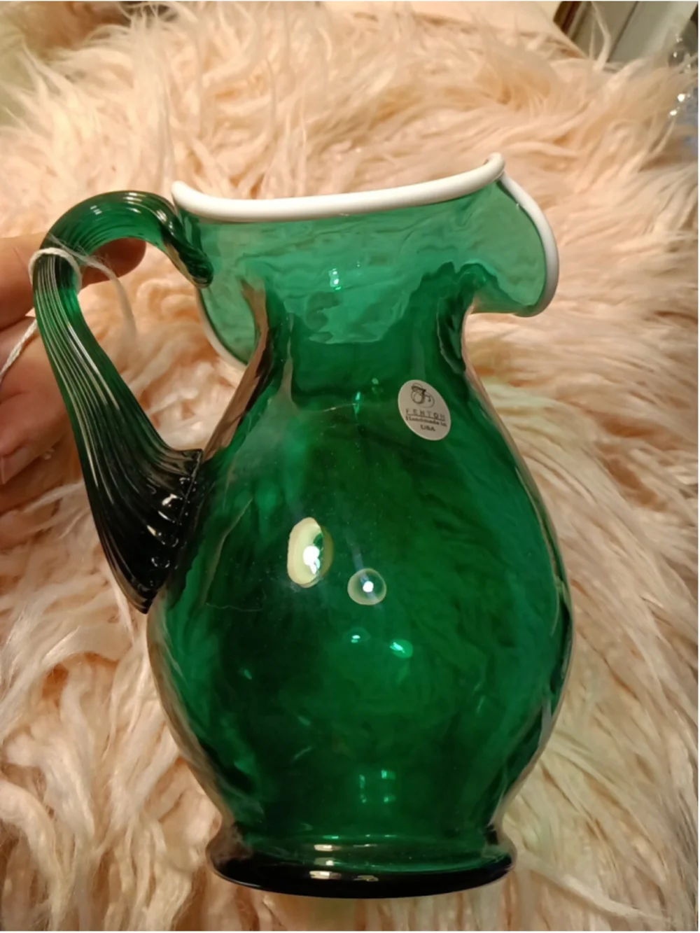Fenton Emerald Green Snow Crest Glass Reed Handled Ruffle Pitcher handmade USA